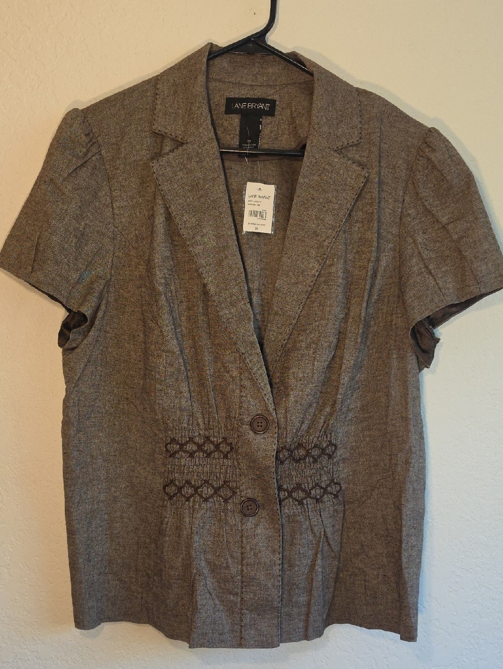 Lane Bryant Brown Short-Sleeve Blazer with Waist Smocking